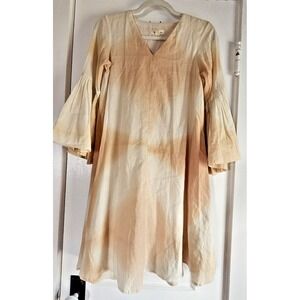 Khara Kapas women's S‎ tie-dye bohemian dress bell sleeves v-neck lined w/pocket